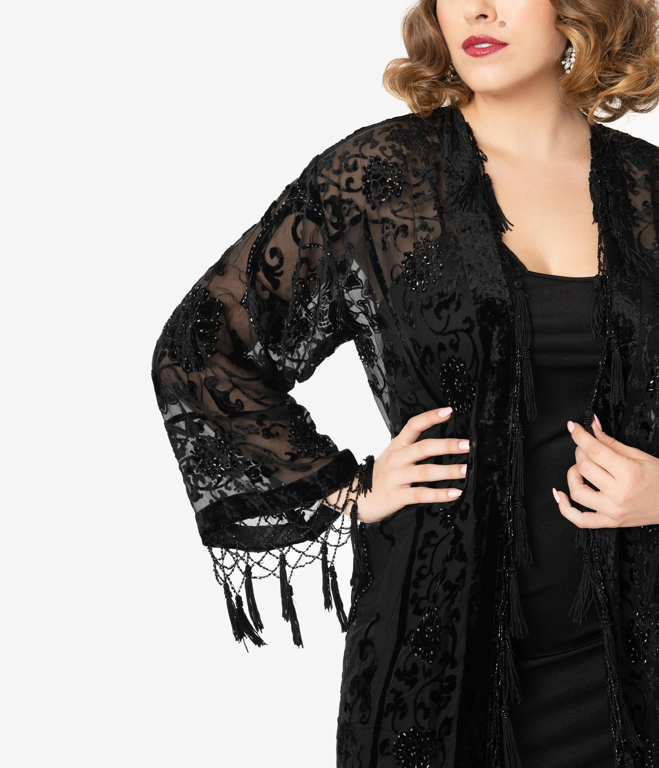 Black Medallion Devore Velvet Beaded Flapper Coat