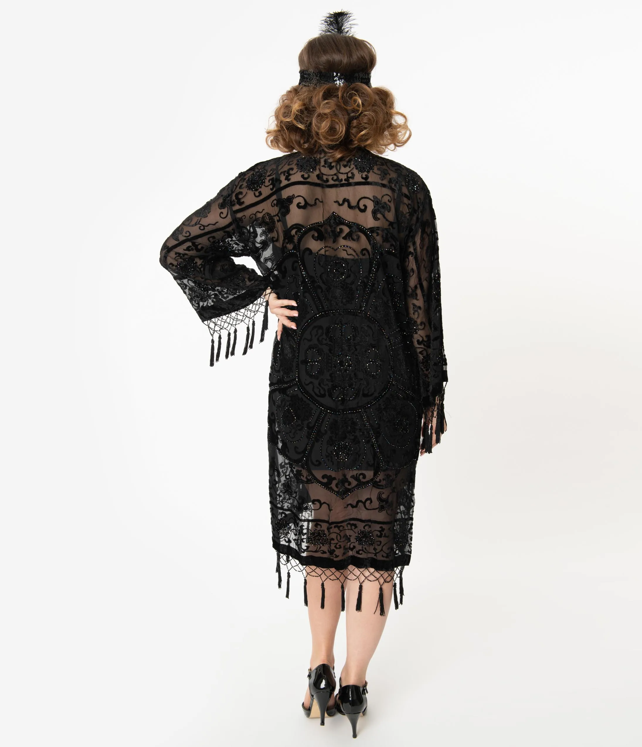 Black Medallion Devore Velvet Beaded Flapper Coat