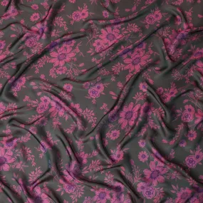 Black Premium pure silk chiffon fabric with hot pink and purple print in floral design-D14659