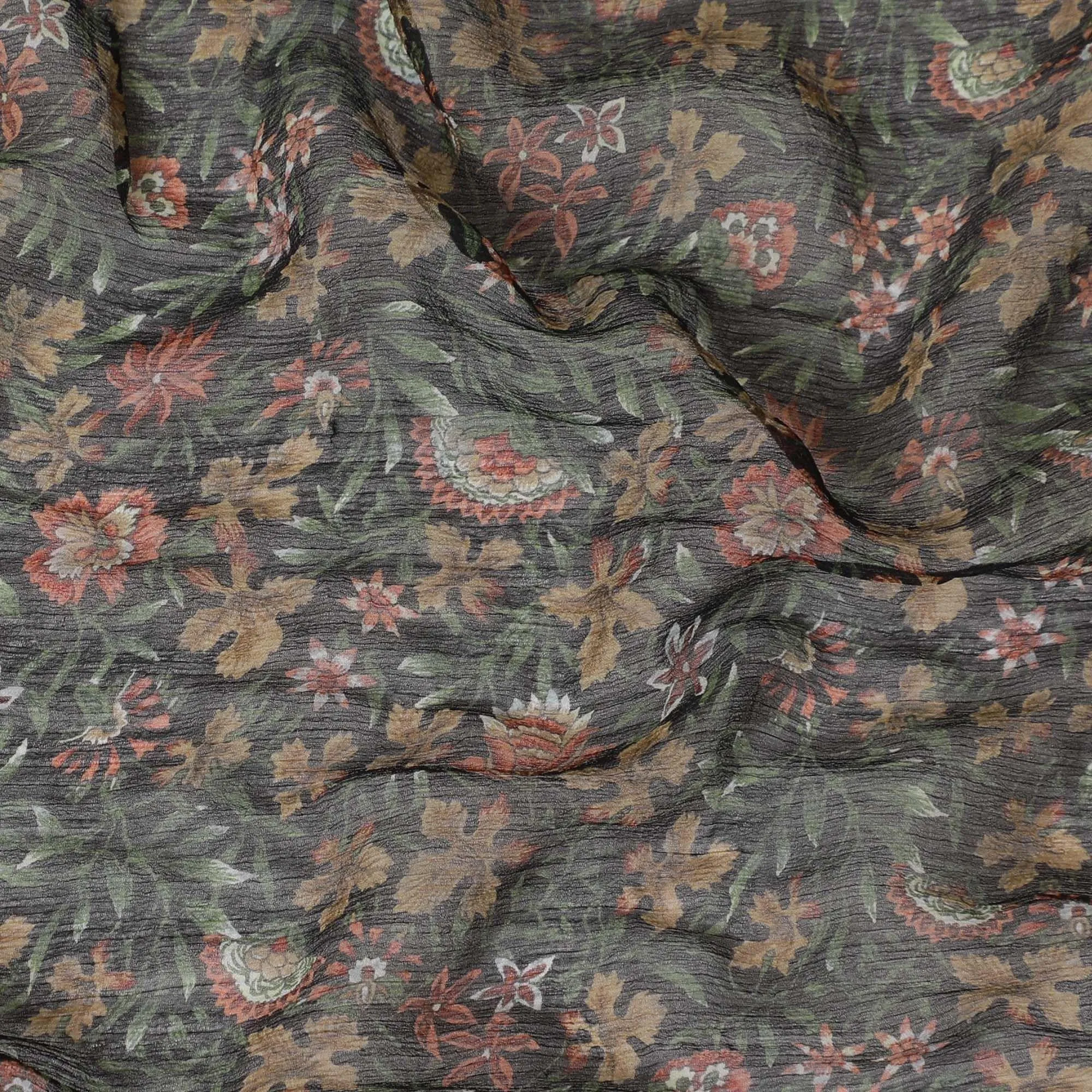 Black pure silk chiffon fabric with peach, olive green and beige print in floral design-D8182