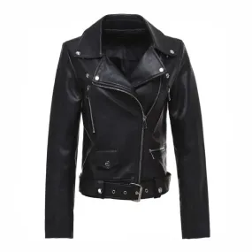 Black Solid Color Motorcycle PU Leather Jacket