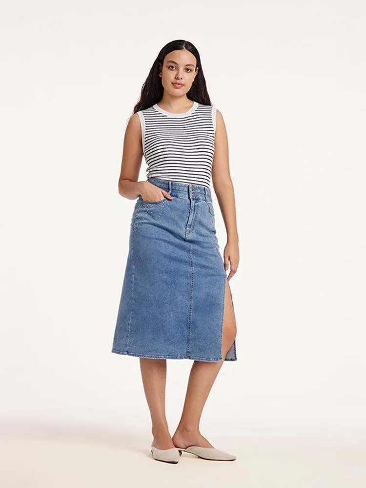 Blue High Waist Slit Denim Skirt