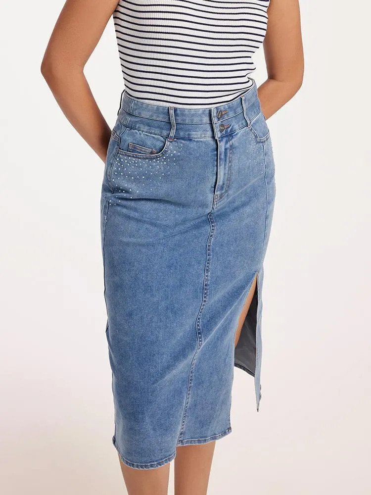 Blue High Waist Slit Denim Skirt