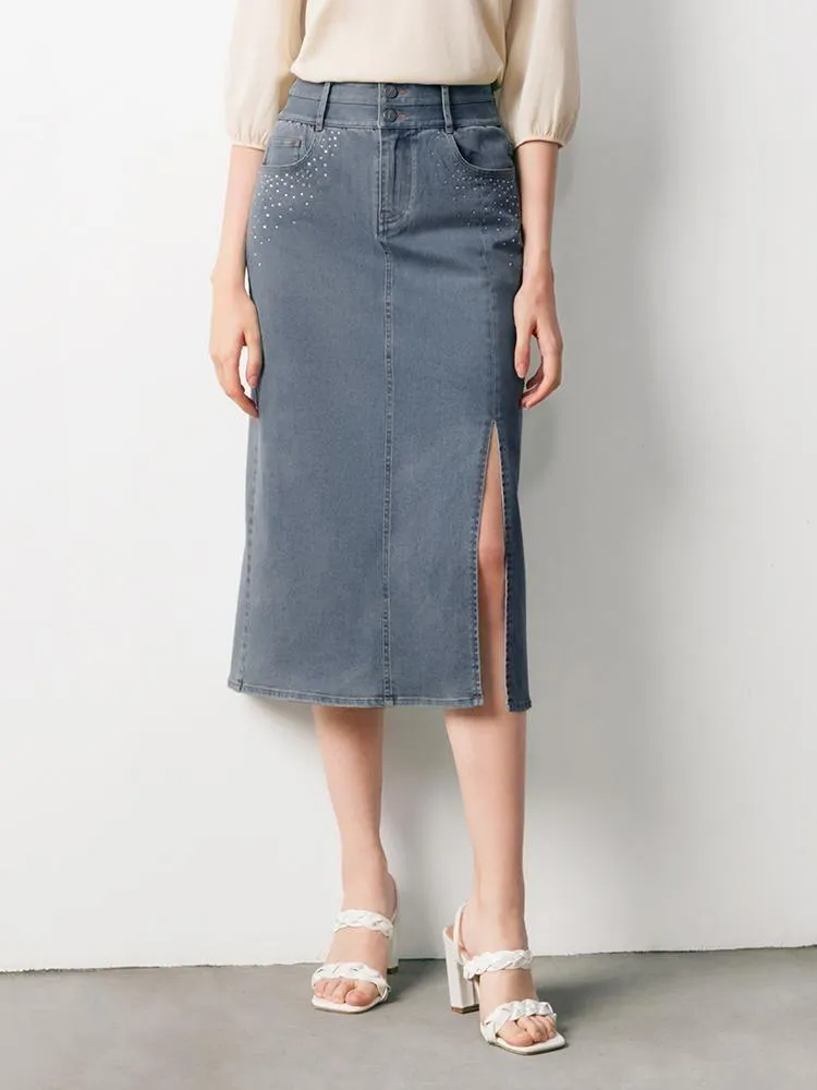 Blue High Waist Slit Denim Skirt