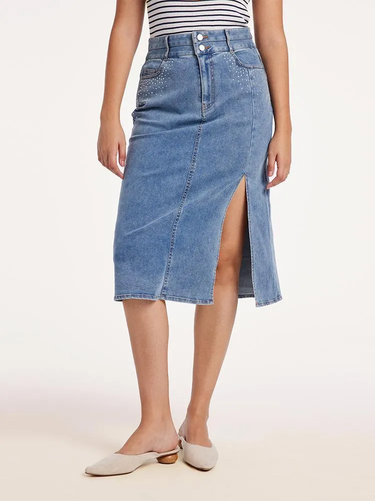 Blue High Waist Slit Denim Skirt