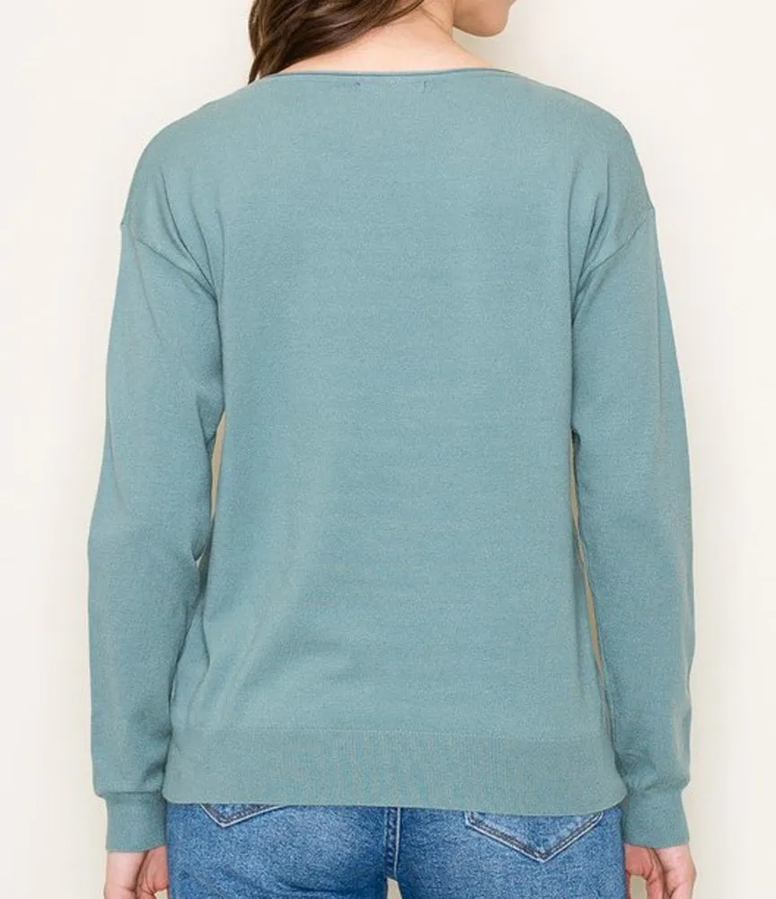 Boat Neck Long Sleeve Pullover Sweater in Aqua by Staccato