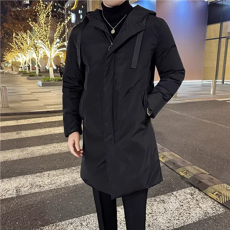 Bonsir Winter New Mid-Length Down Coats High Quality Fashion Men Solid Color Thicken Thermal Overcoat Korean Outdoor Hooded Windbreaker