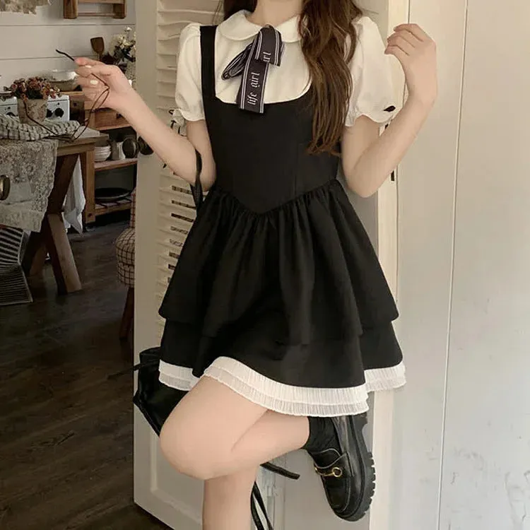 Bowknot Doll Collar Puff Sleeve Layered Fake Two Piece Mini Dress