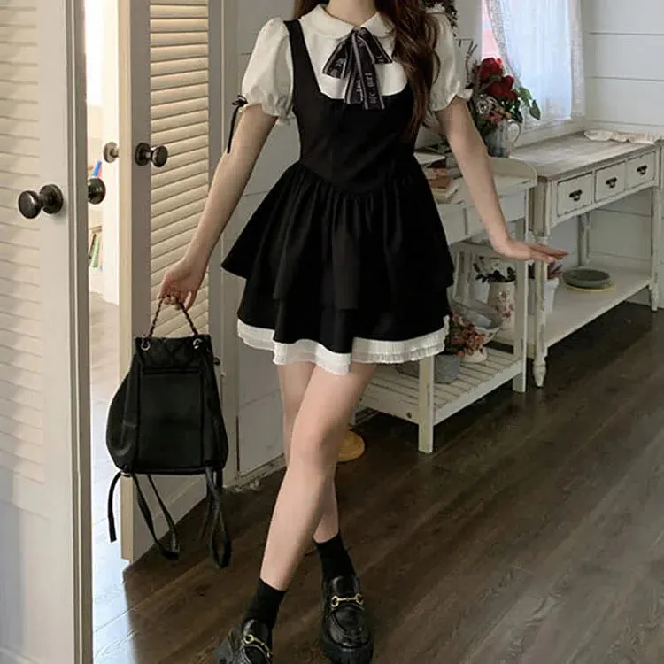 Bowknot Doll Collar Puff Sleeve Layered Fake Two Piece Mini Dress