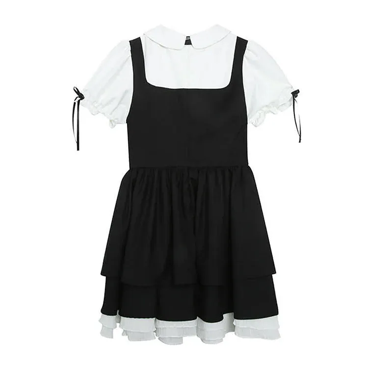 Bowknot Doll Collar Puff Sleeve Layered Fake Two Piece Mini Dress