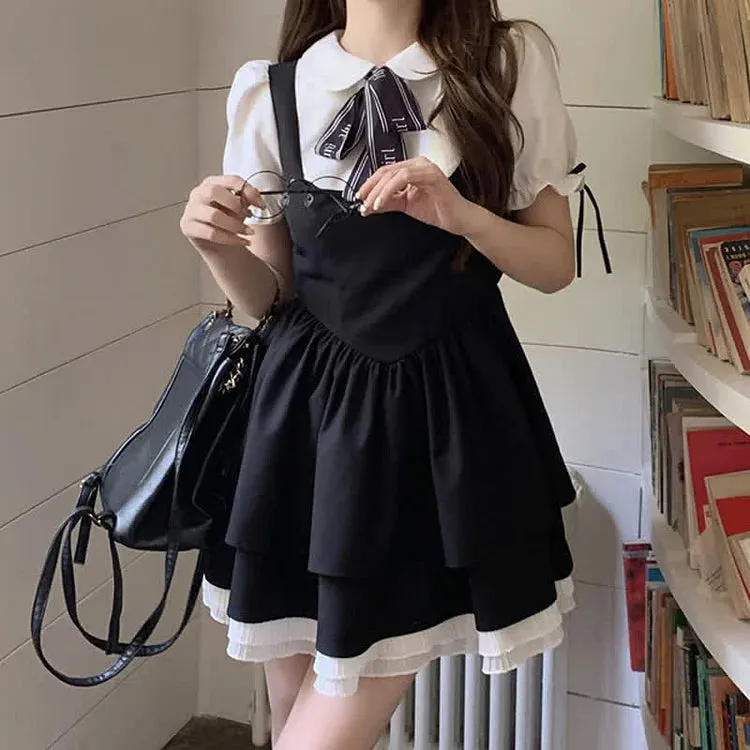 Bowknot Doll Collar Puff Sleeve Layered Fake Two Piece Mini Dress