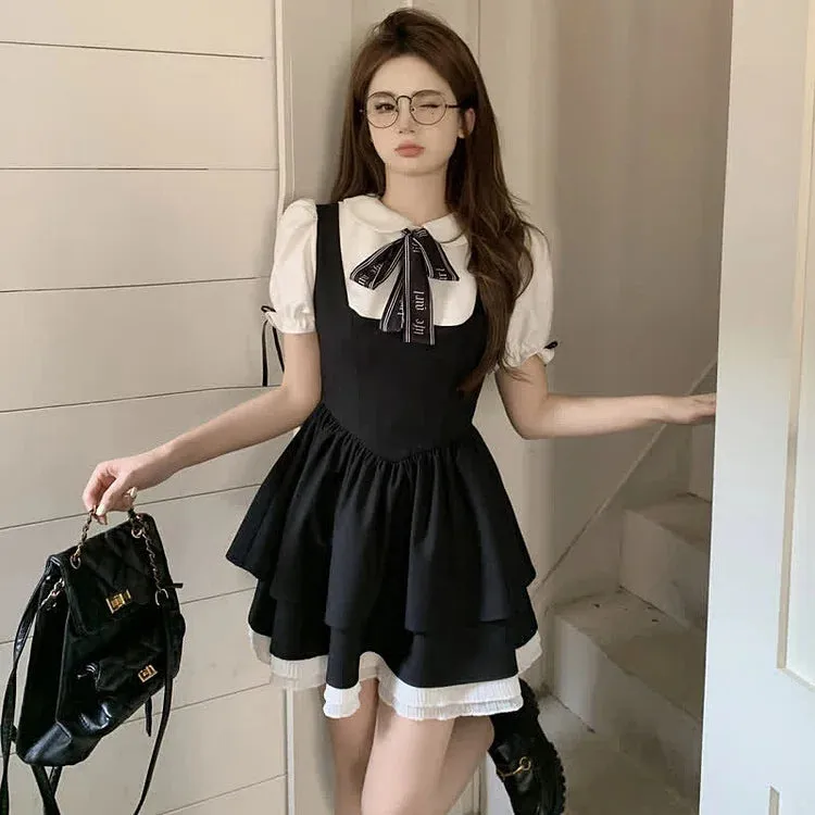 Bowknot Doll Collar Puff Sleeve Layered Fake Two Piece Mini Dress