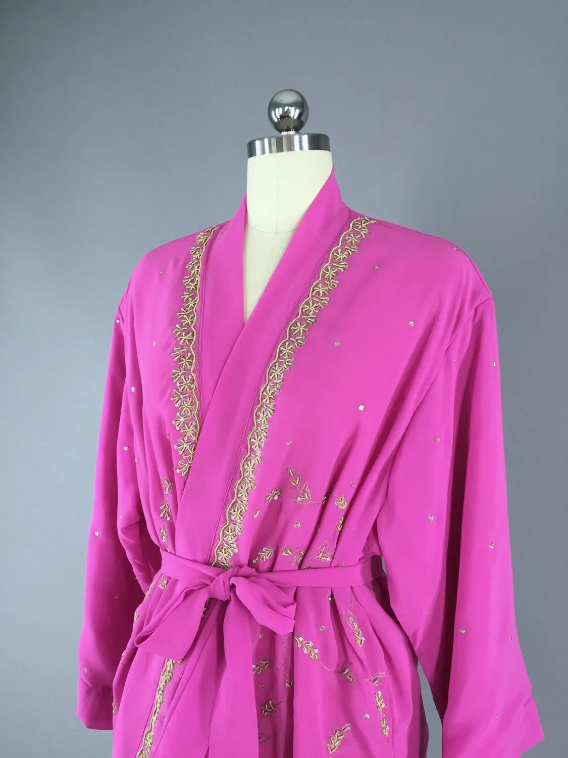 Bright Pink Georgette Kimono Cardigan made from a Vintage Indian Sari