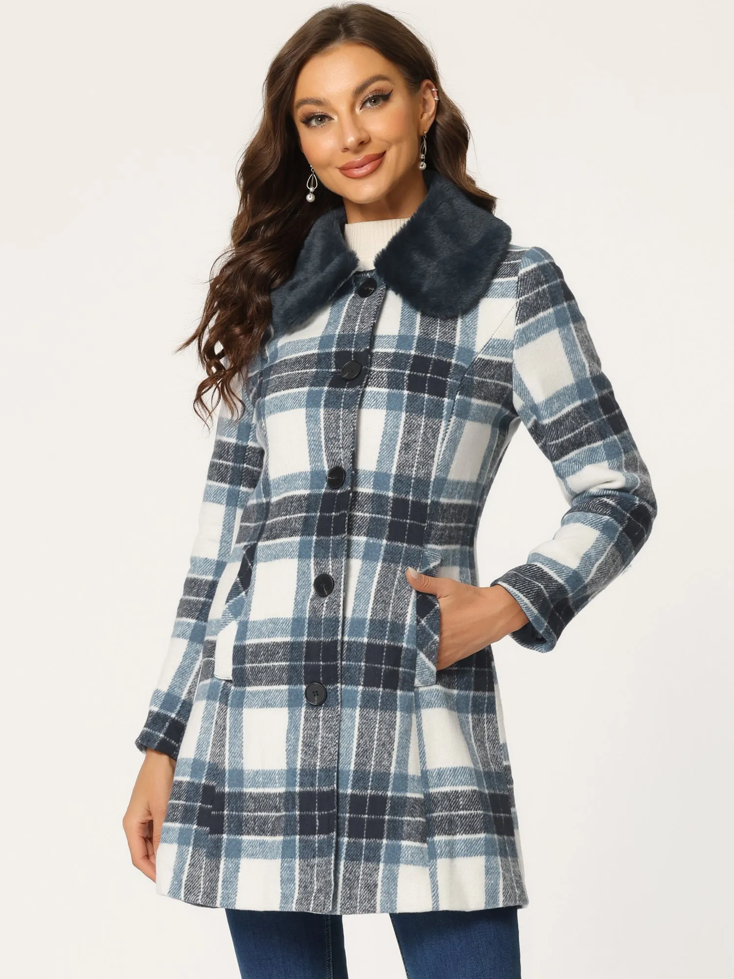 Buffalo Checks Winter Peter Pan Collar Long Plaid Coat