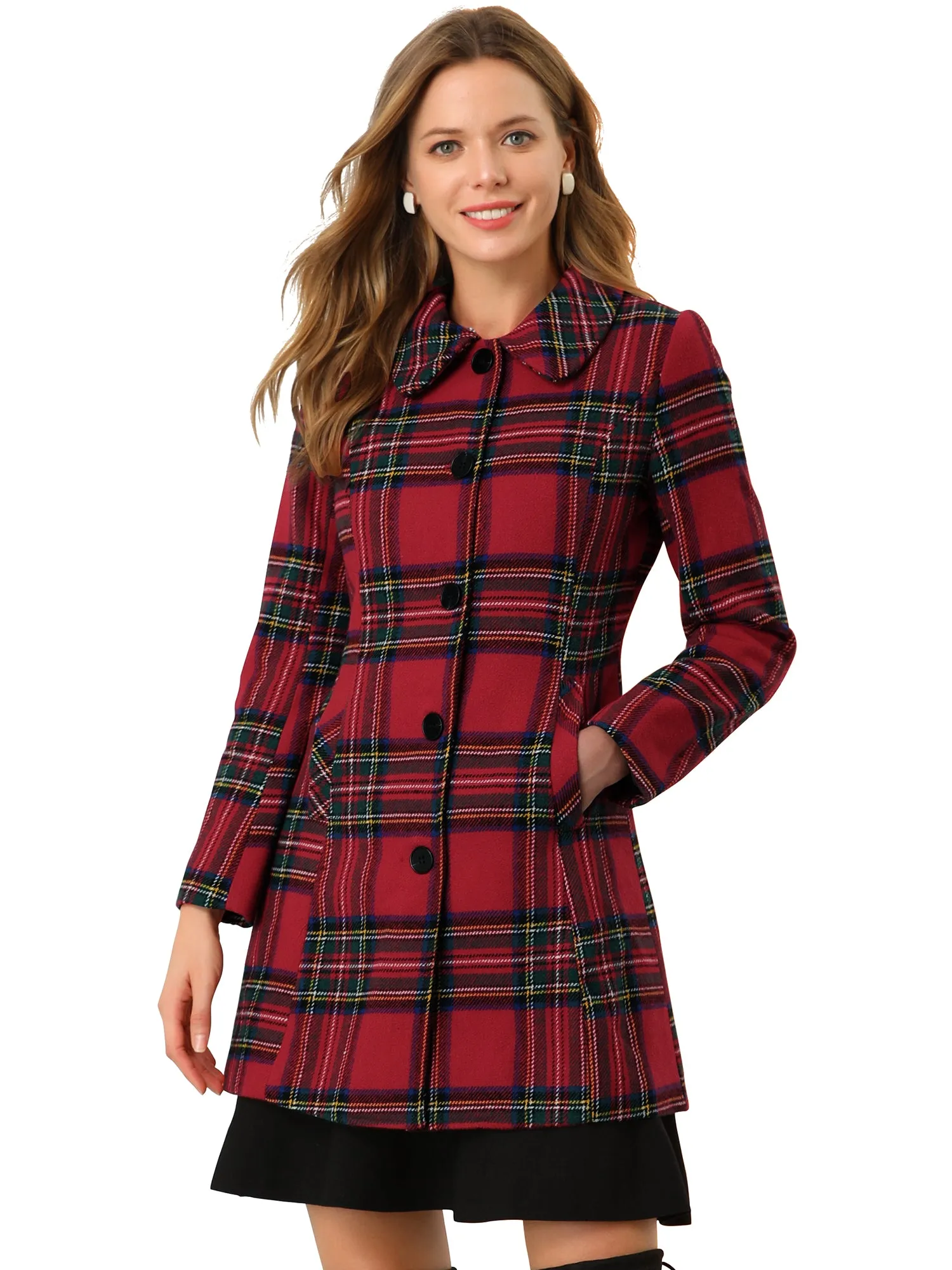 Buffalo Checks Winter Peter Pan Collar Long Plaid Coat