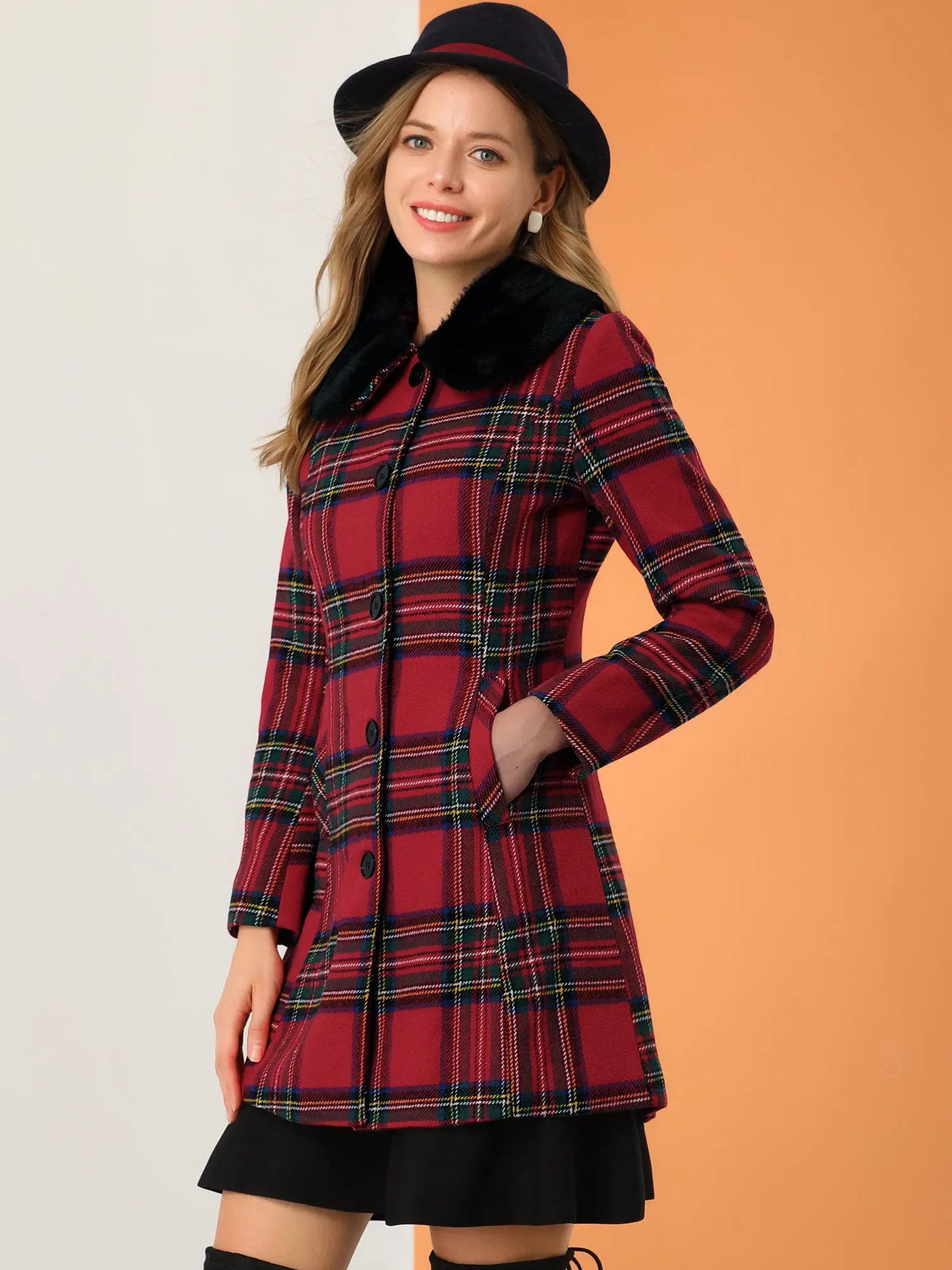 Buffalo Checks Winter Peter Pan Collar Long Plaid Coat