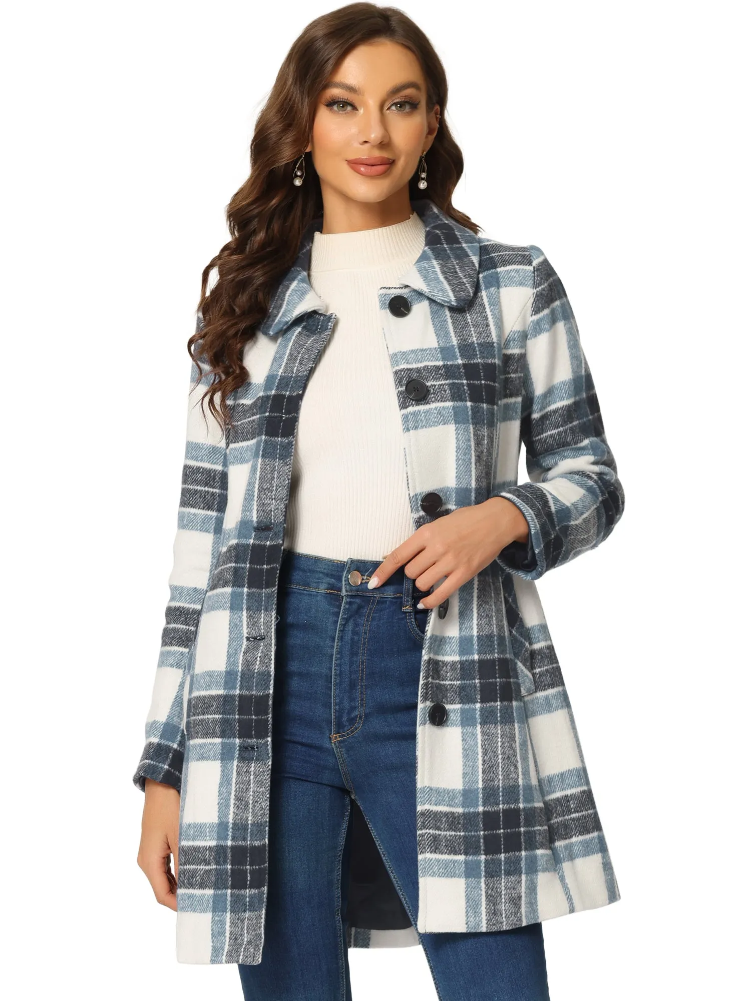 Buffalo Checks Winter Peter Pan Collar Long Plaid Coat