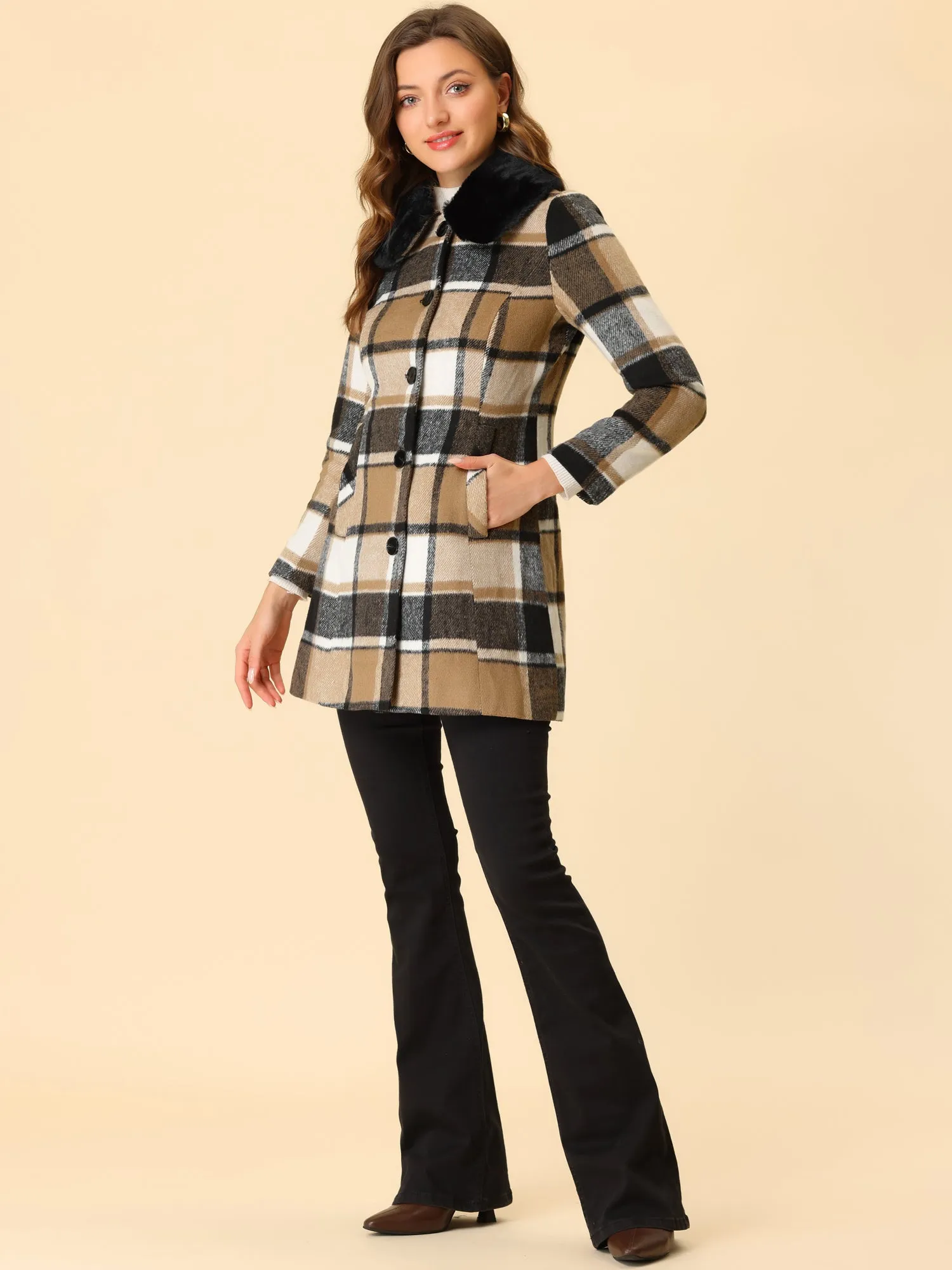 Buffalo Checks Winter Peter Pan Collar Long Plaid Coat