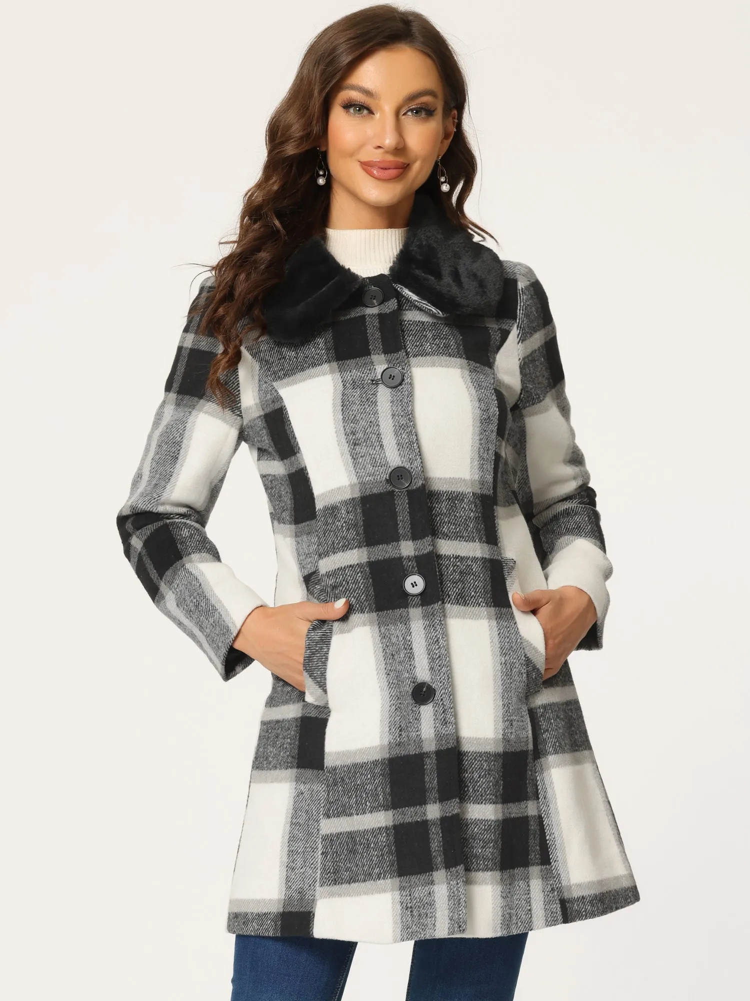 Buffalo Checks Winter Peter Pan Collar Long Plaid Coat