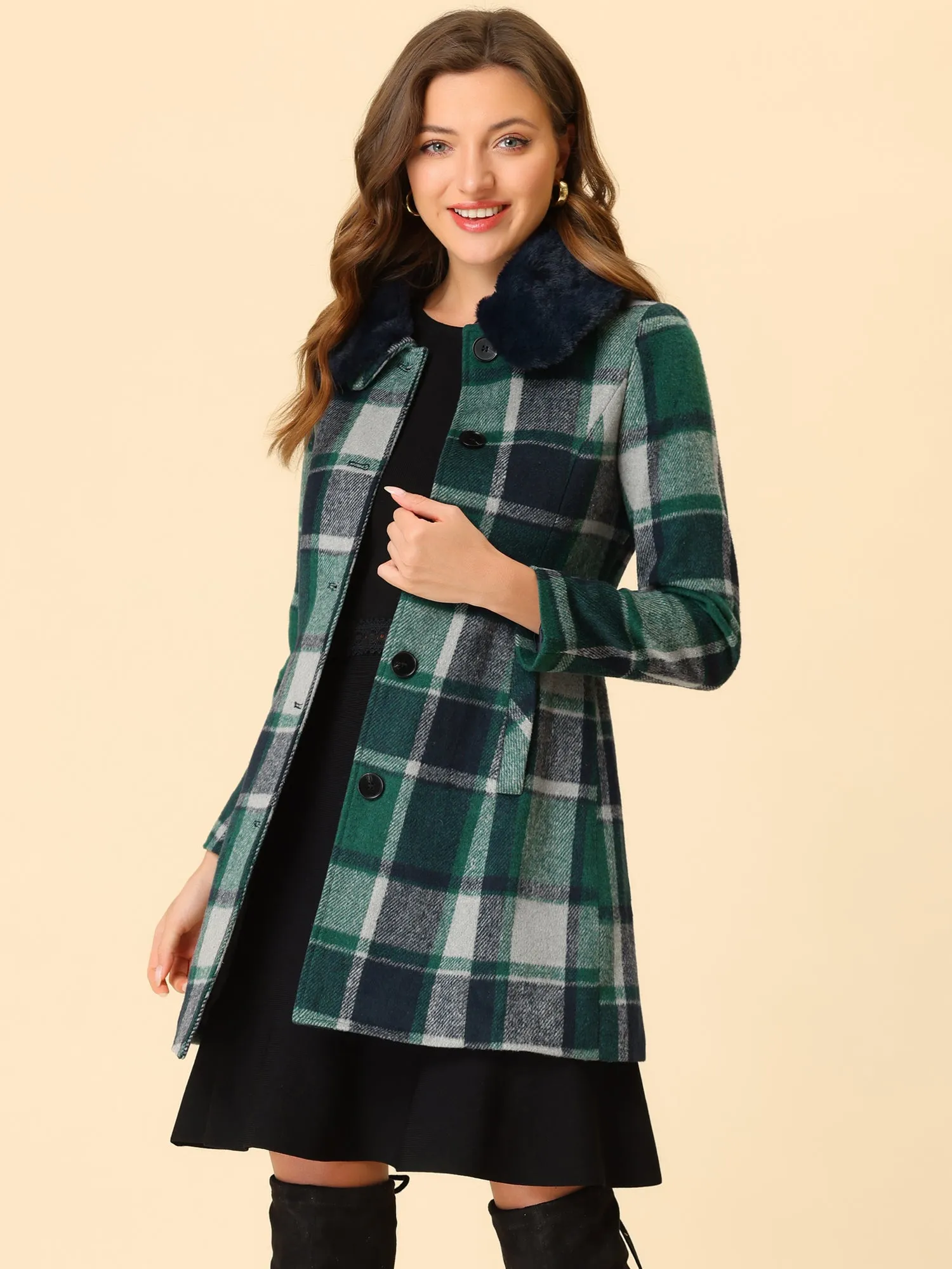 Buffalo Checks Winter Peter Pan Collar Long Plaid Coat