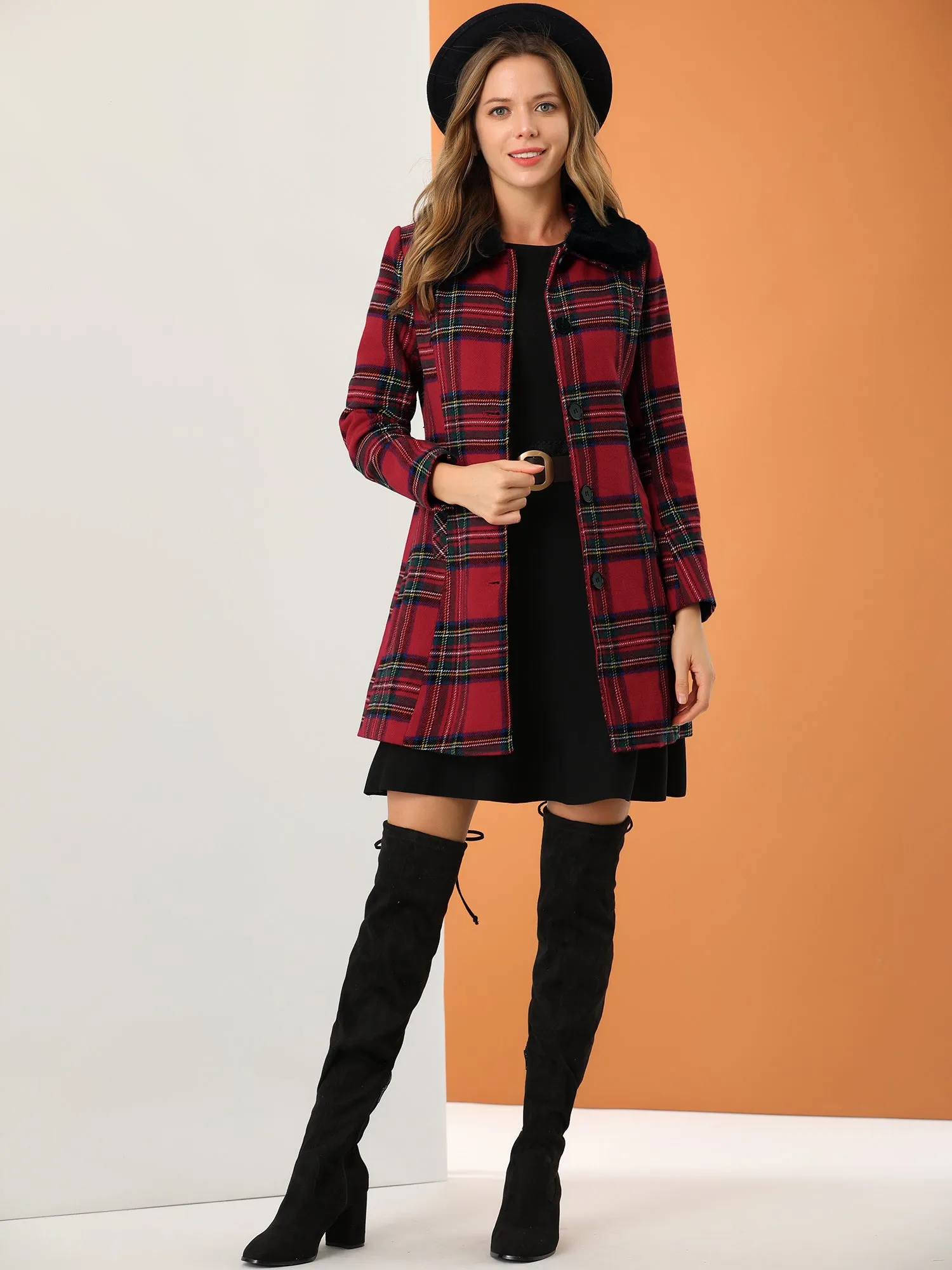 Buffalo Checks Winter Peter Pan Collar Long Plaid Coat