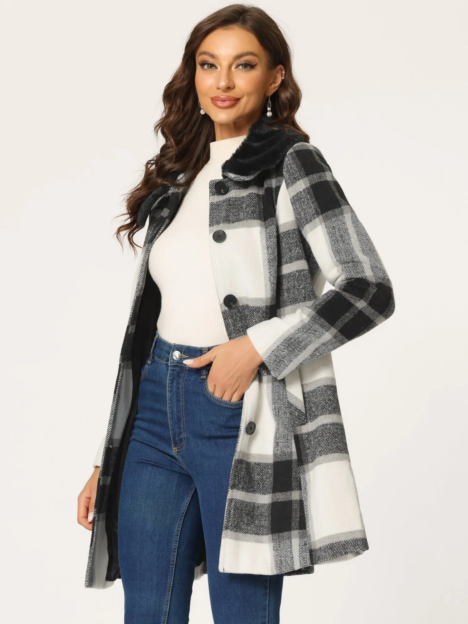 Buffalo Checks Winter Peter Pan Collar Long Plaid Coat