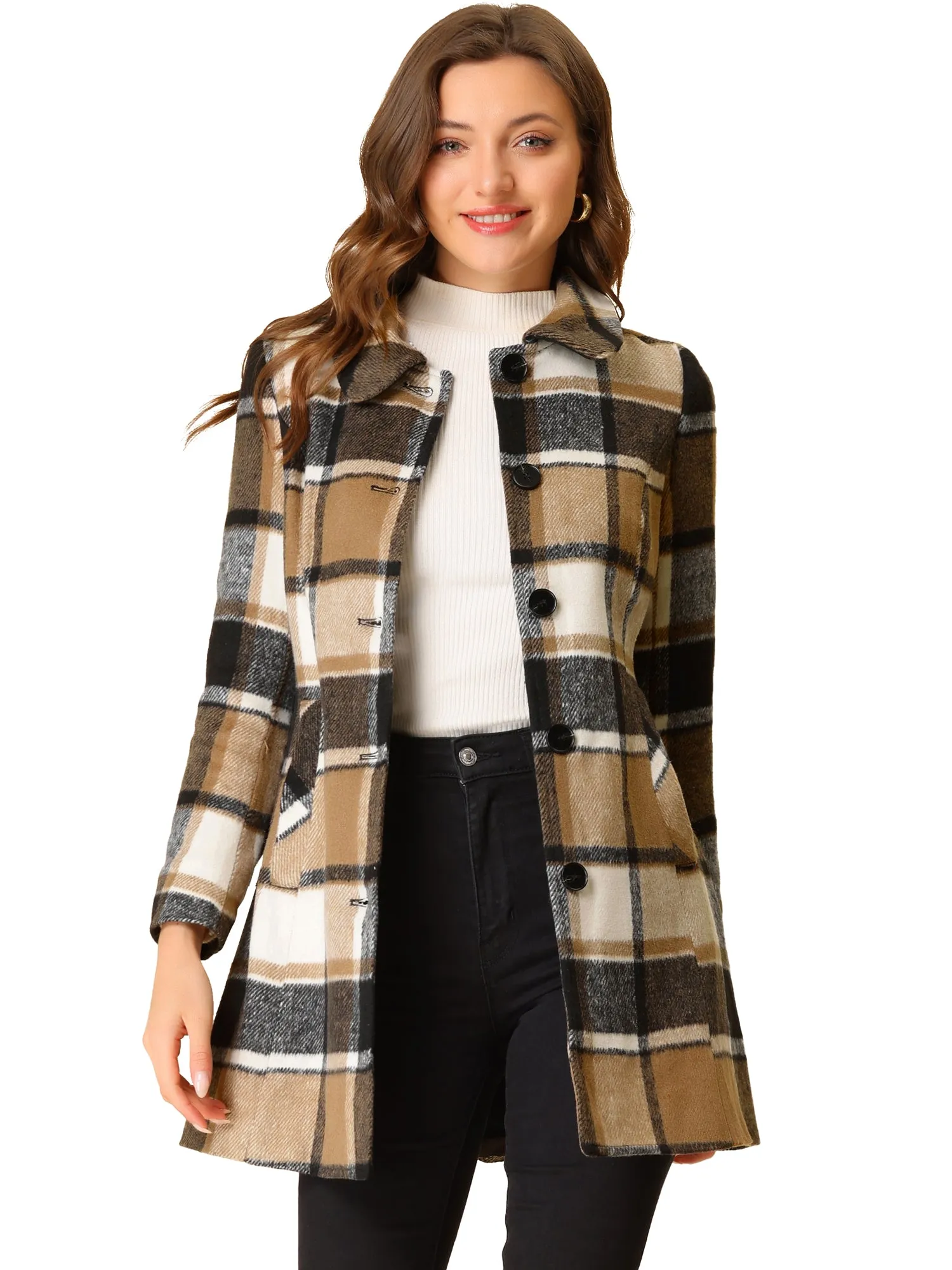 Buffalo Checks Winter Peter Pan Collar Long Plaid Coat