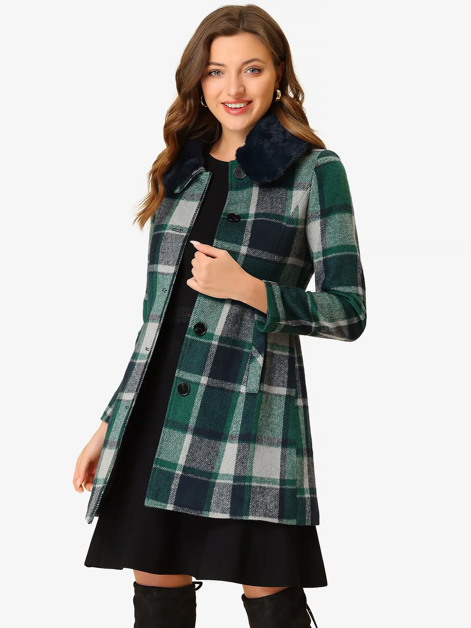 Buffalo Checks Winter Peter Pan Collar Long Plaid Coat