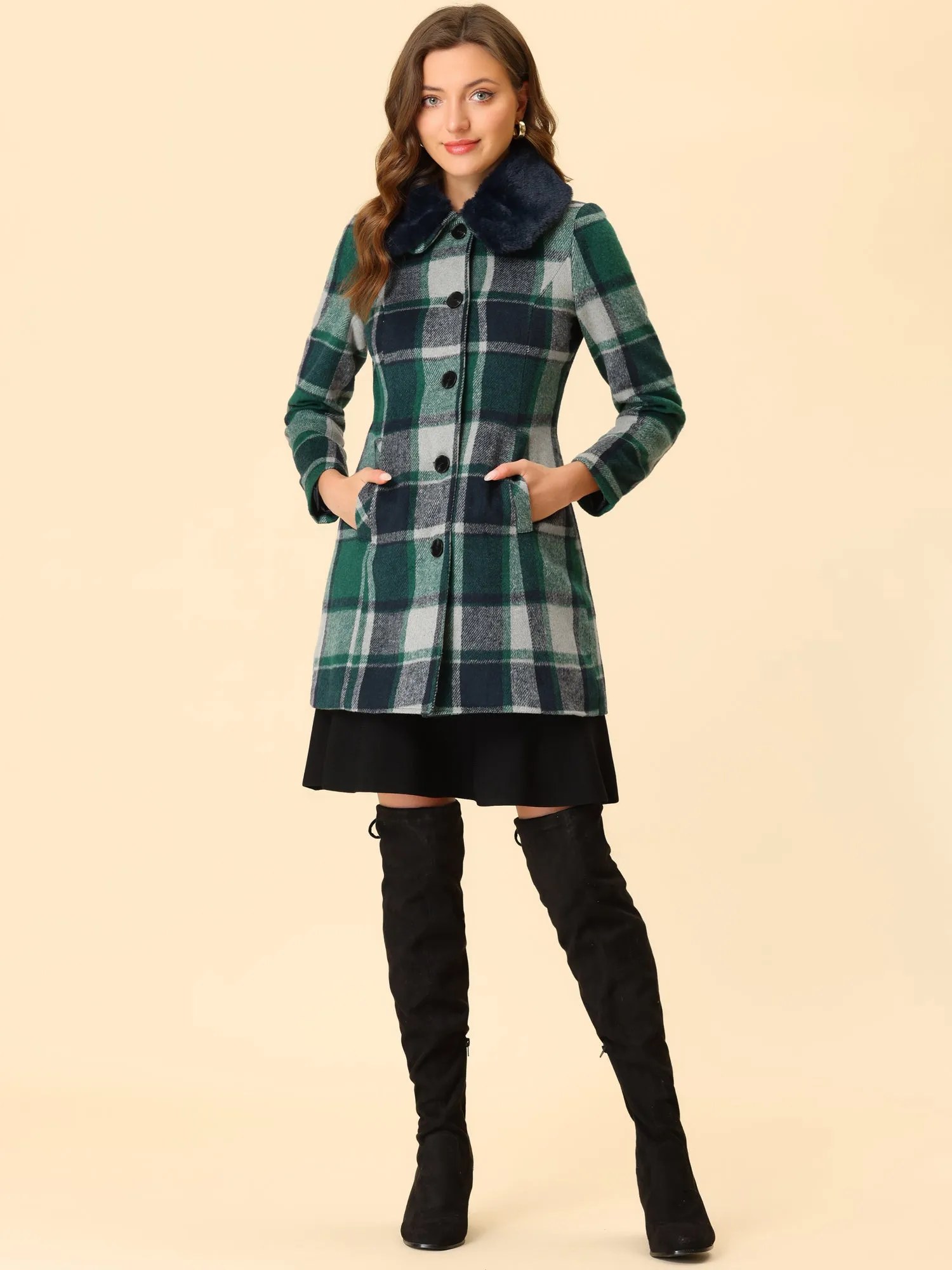 Buffalo Checks Winter Peter Pan Collar Long Plaid Coat