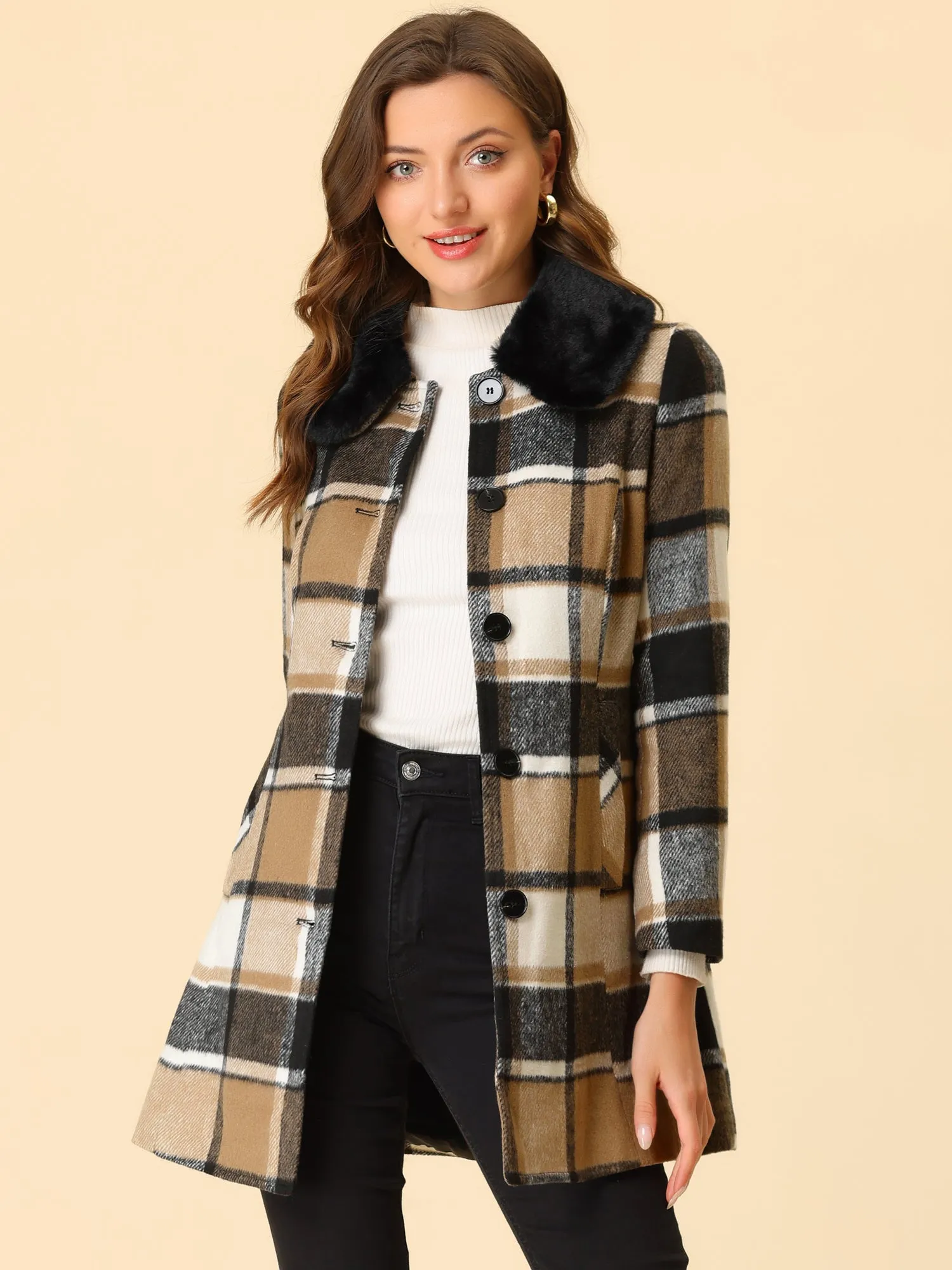 Buffalo Checks Winter Peter Pan Collar Long Plaid Coat