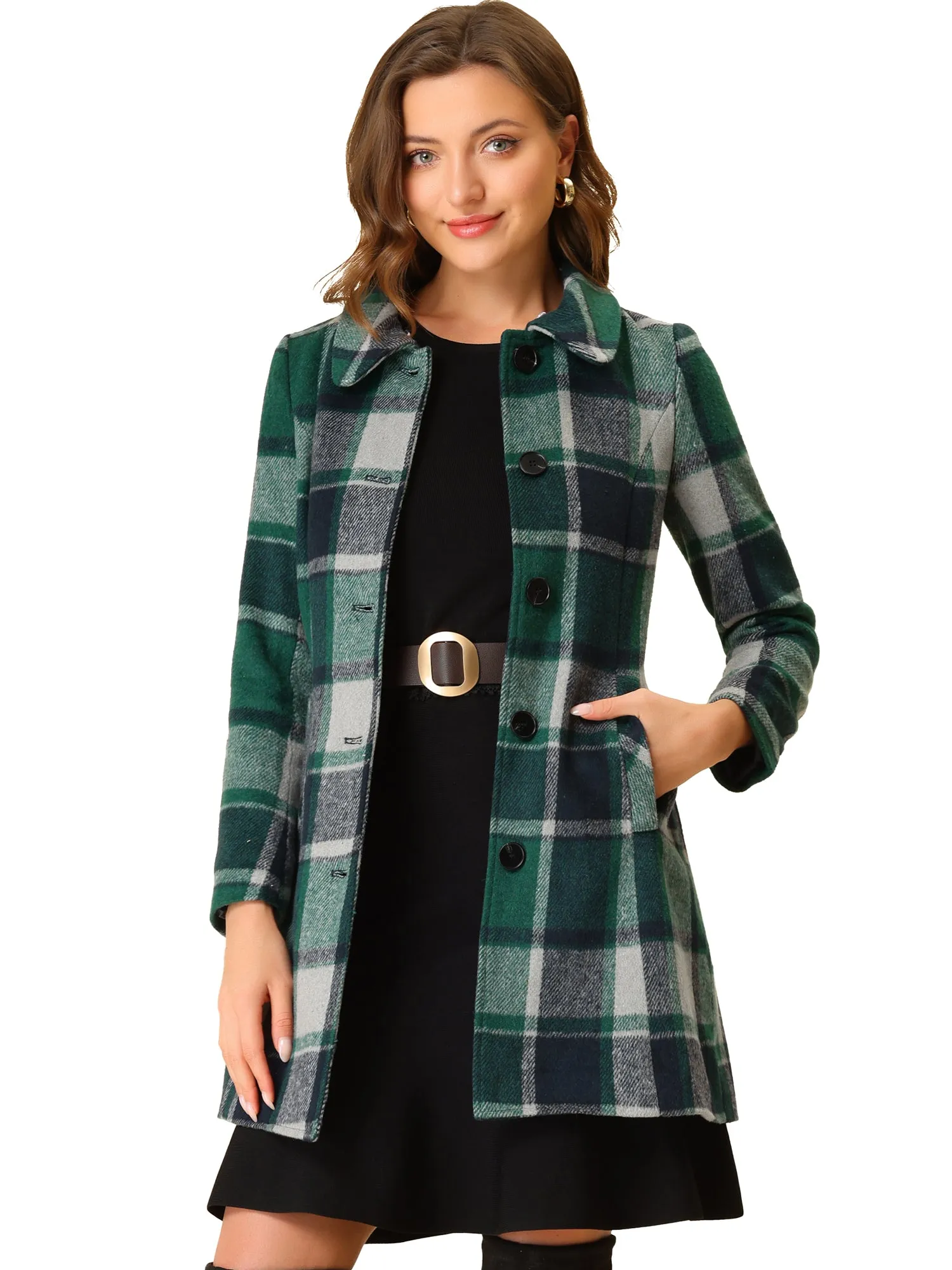 Buffalo Checks Winter Peter Pan Collar Long Plaid Coat