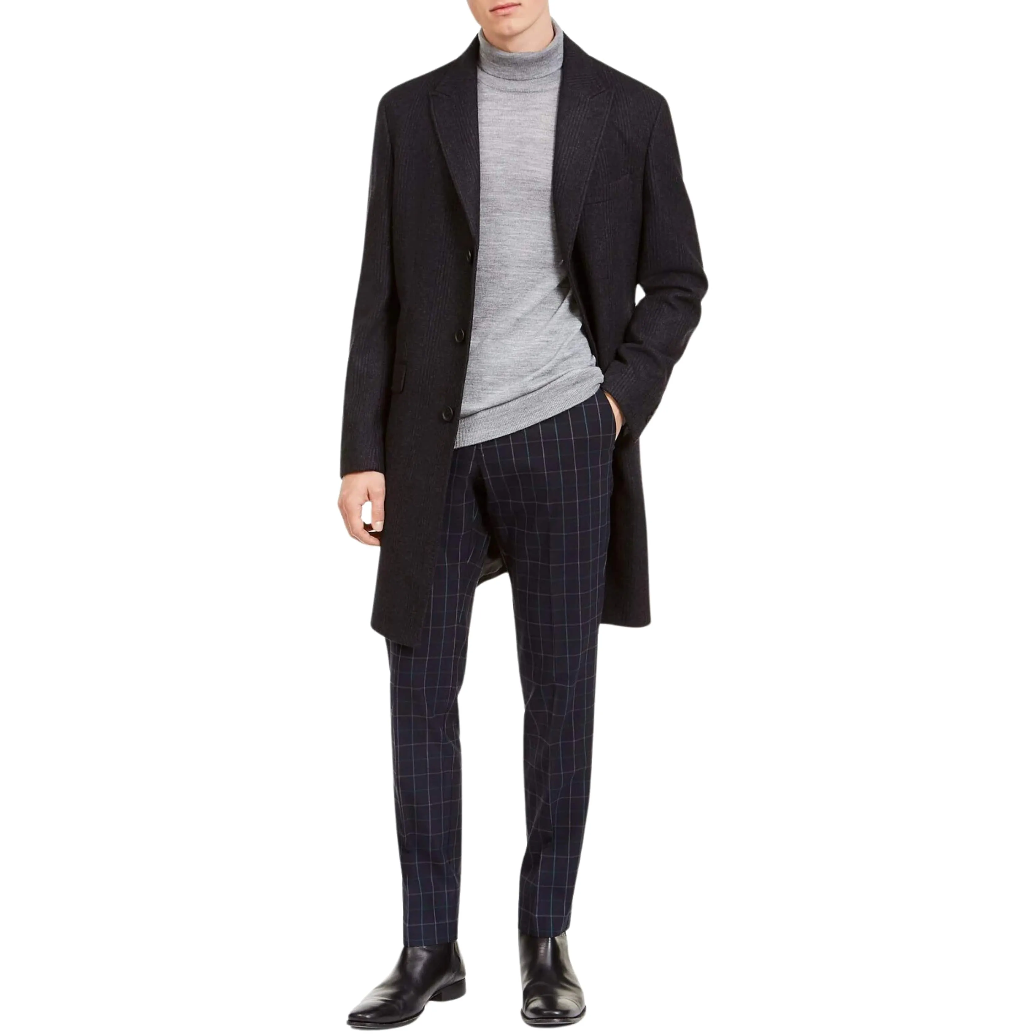 CALVIN KLEIN -  Slim-Fit Charcoal Plaid Overcoat