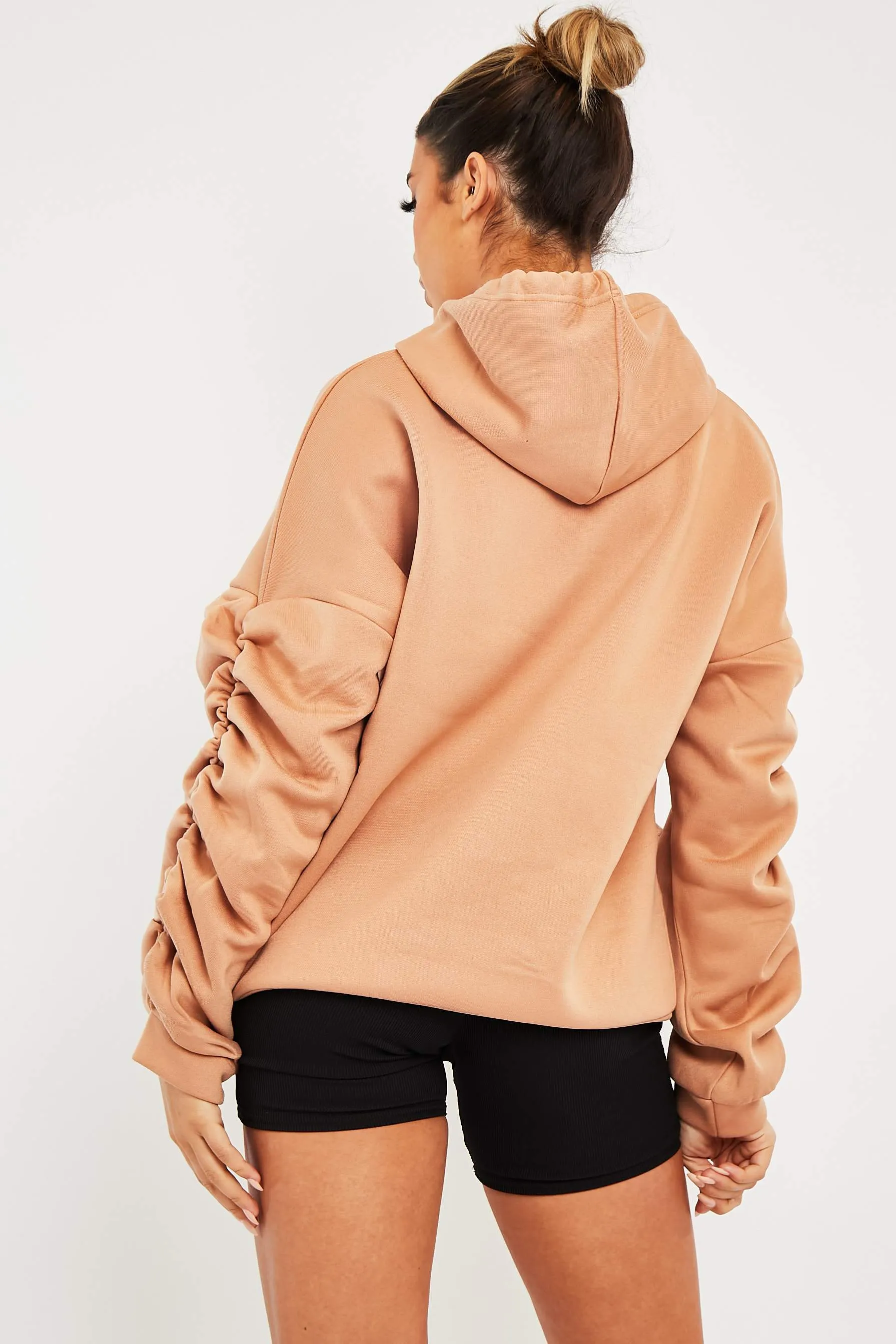 Camel Ruched Sleeve Oversized Hoodie - Dezi