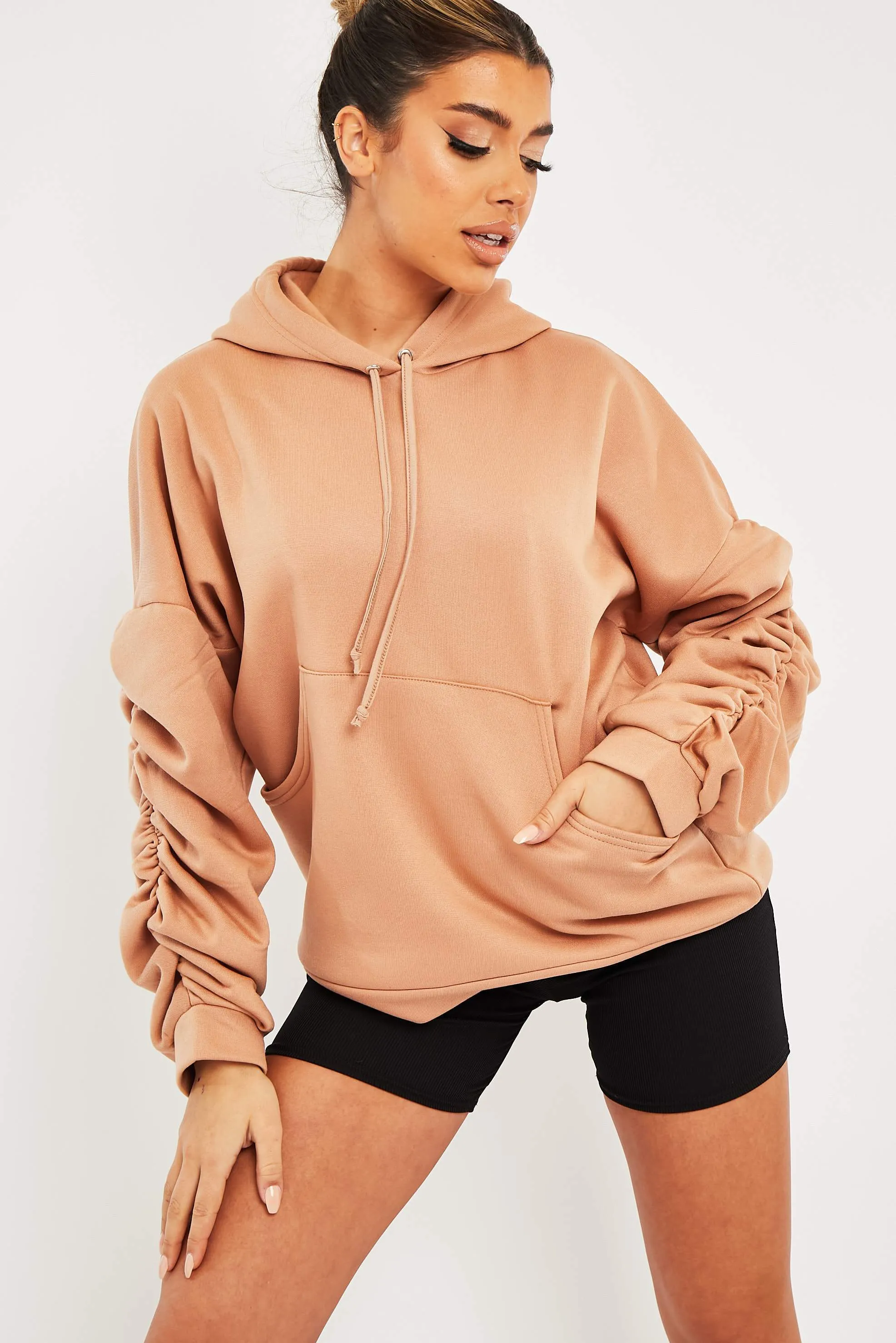 Camel Ruched Sleeve Oversized Hoodie - Dezi