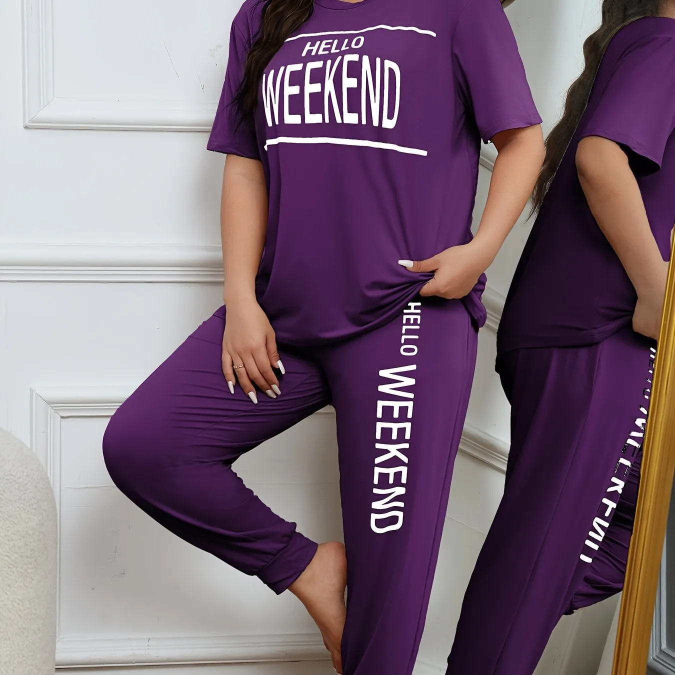 Casual Chic Women's Plus Size Letter Print Loungewear Set with Joggers