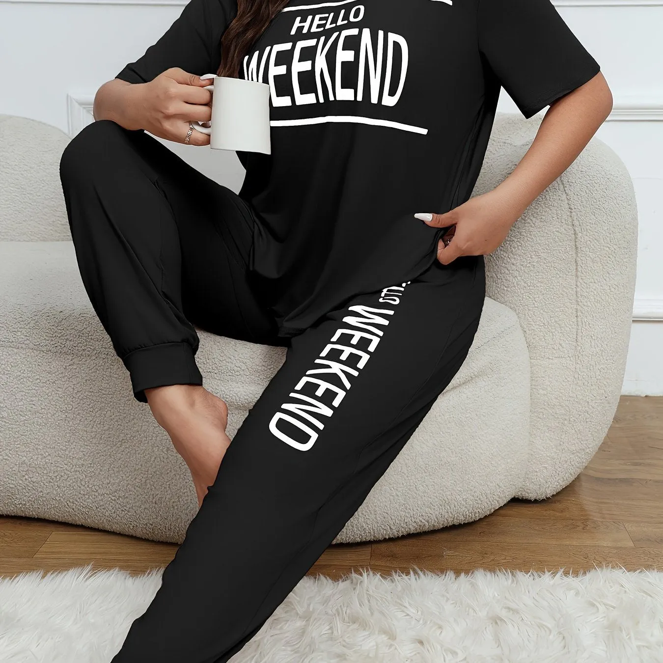 Casual Chic Women's Plus Size Letter Print Loungewear Set with Joggers