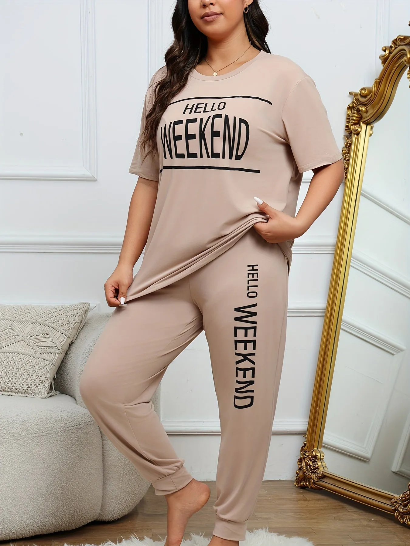 Casual Chic Women's Plus Size Letter Print Loungewear Set with Joggers