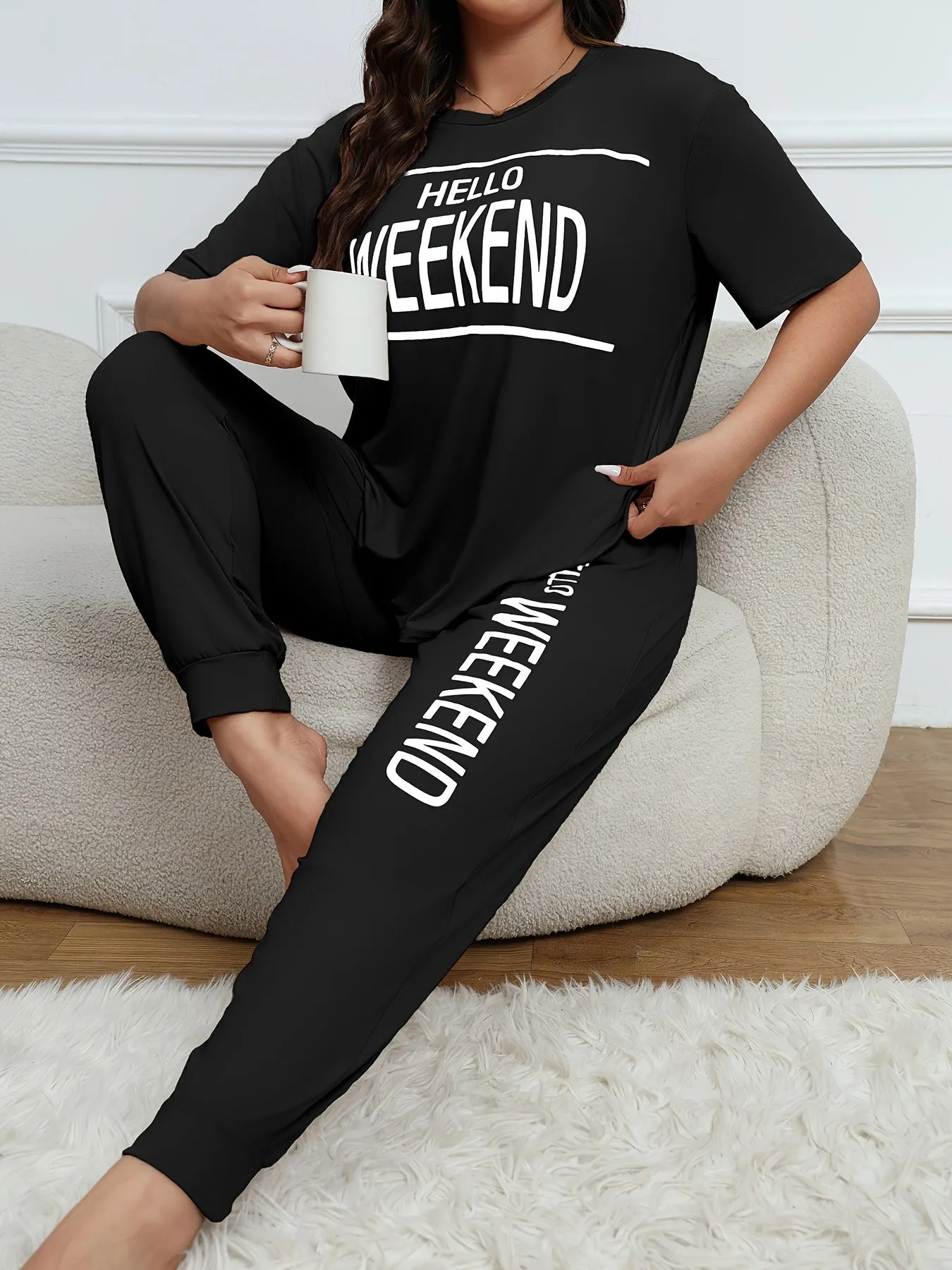 Casual Chic Women's Plus Size Letter Print Loungewear Set with Joggers