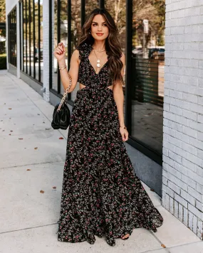 Charlotta Floral Ruffle Cutout Maxi Dress - Black - FINAL SALE