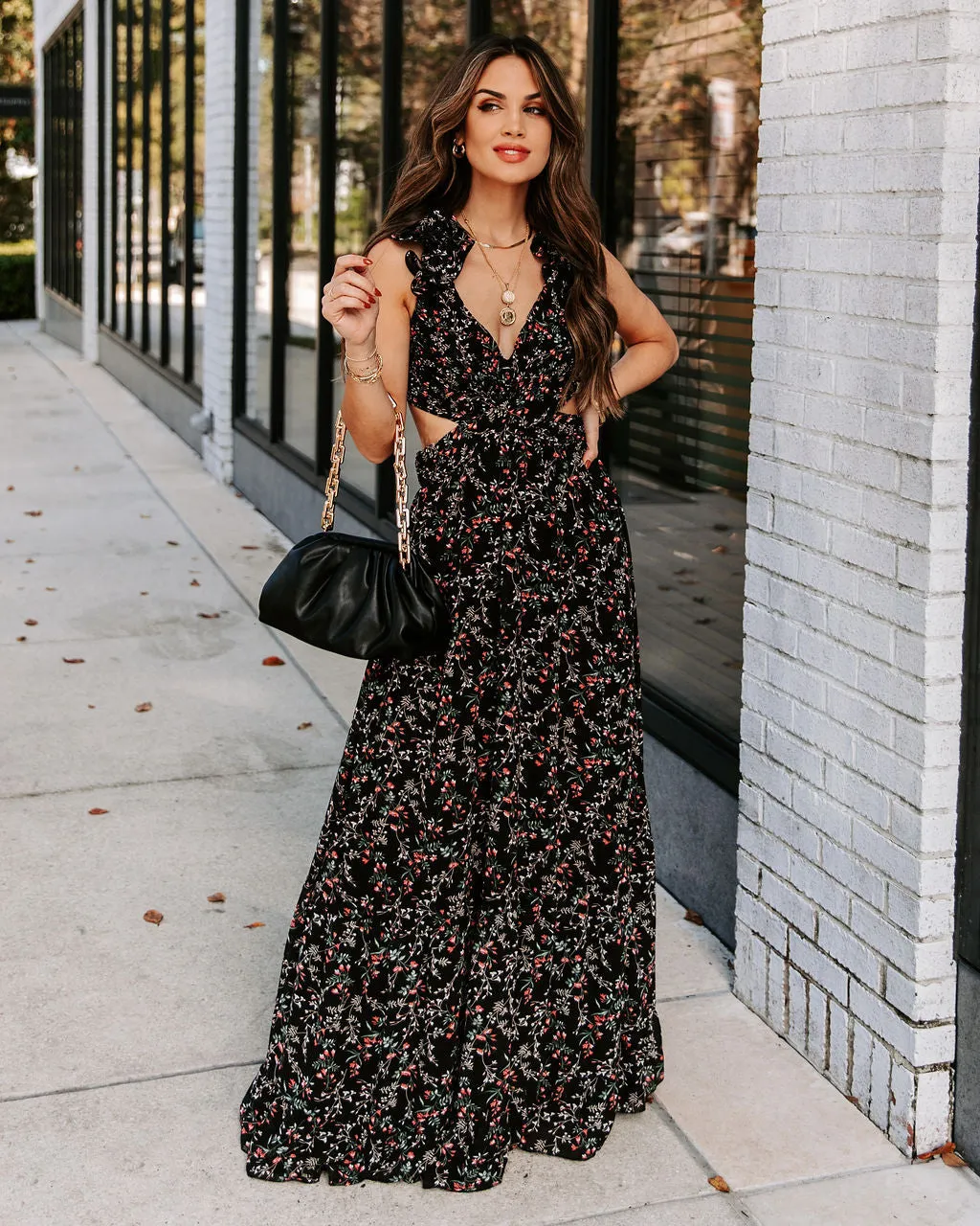 Charlotta Floral Ruffle Cutout Maxi Dress - Black - FINAL SALE