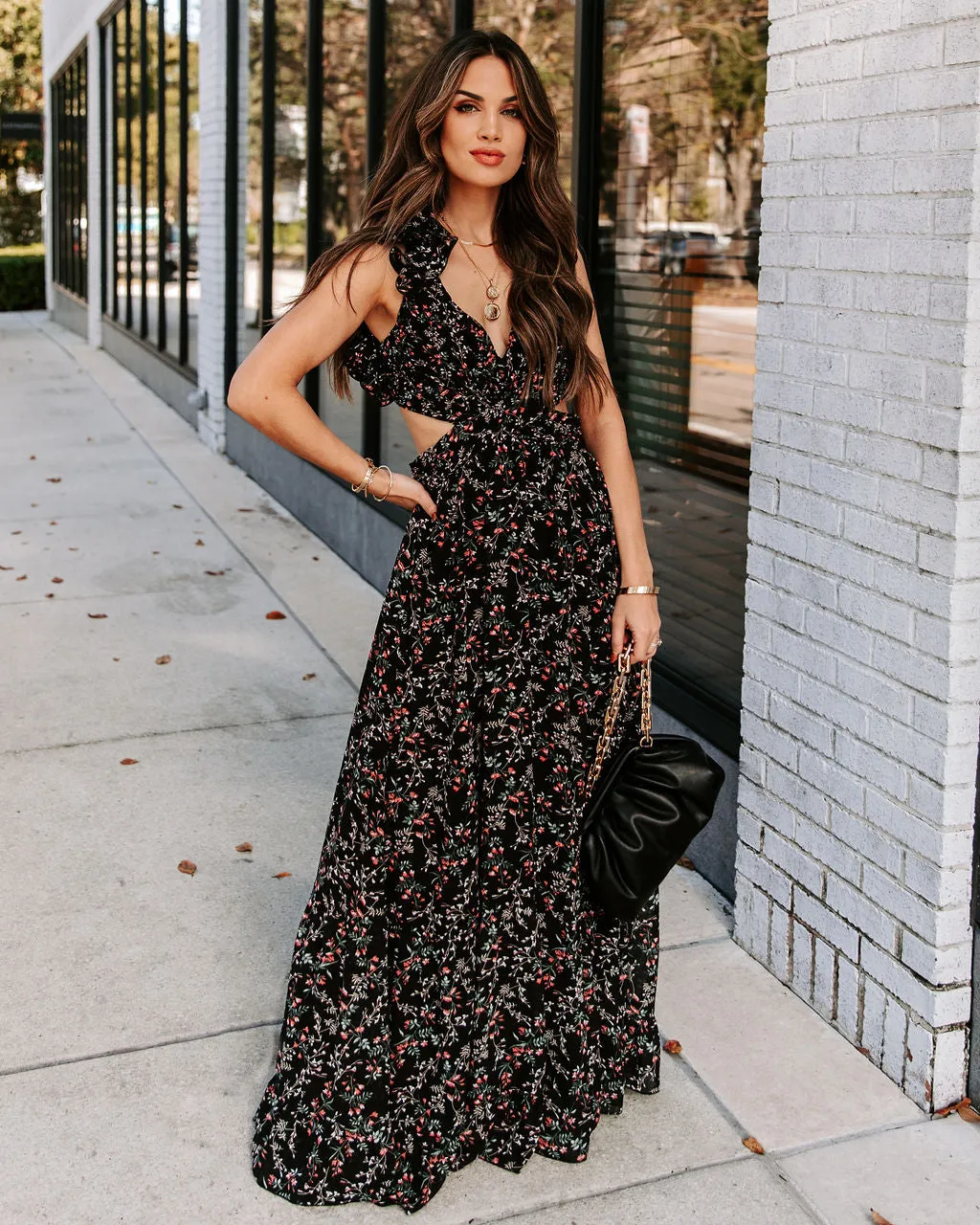 Charlotta Floral Ruffle Cutout Maxi Dress - Black - FINAL SALE