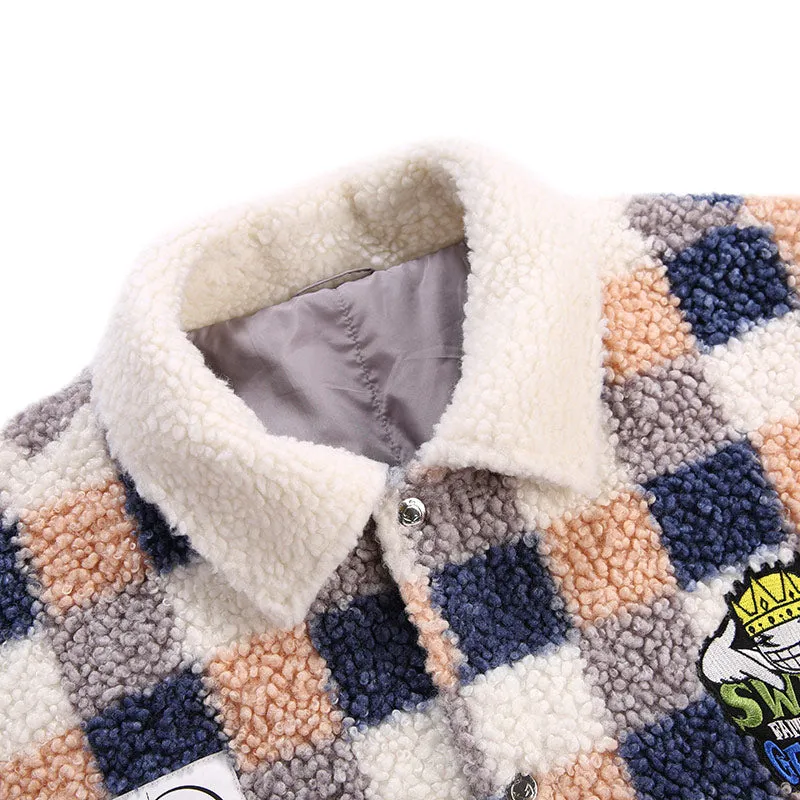 Checkerboard Embroidered Applique Teddy Fleece Jacket