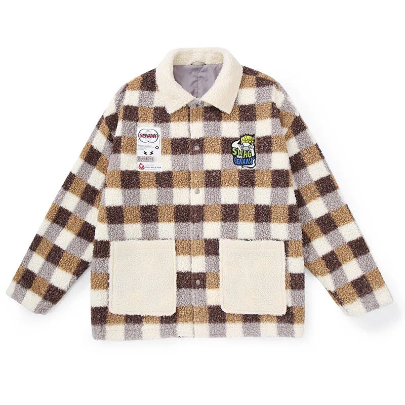 Checkerboard Embroidered Applique Teddy Fleece Jacket