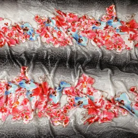 Cloud grey Italian silk velvet fabric with multicolor print in floral design-D11832