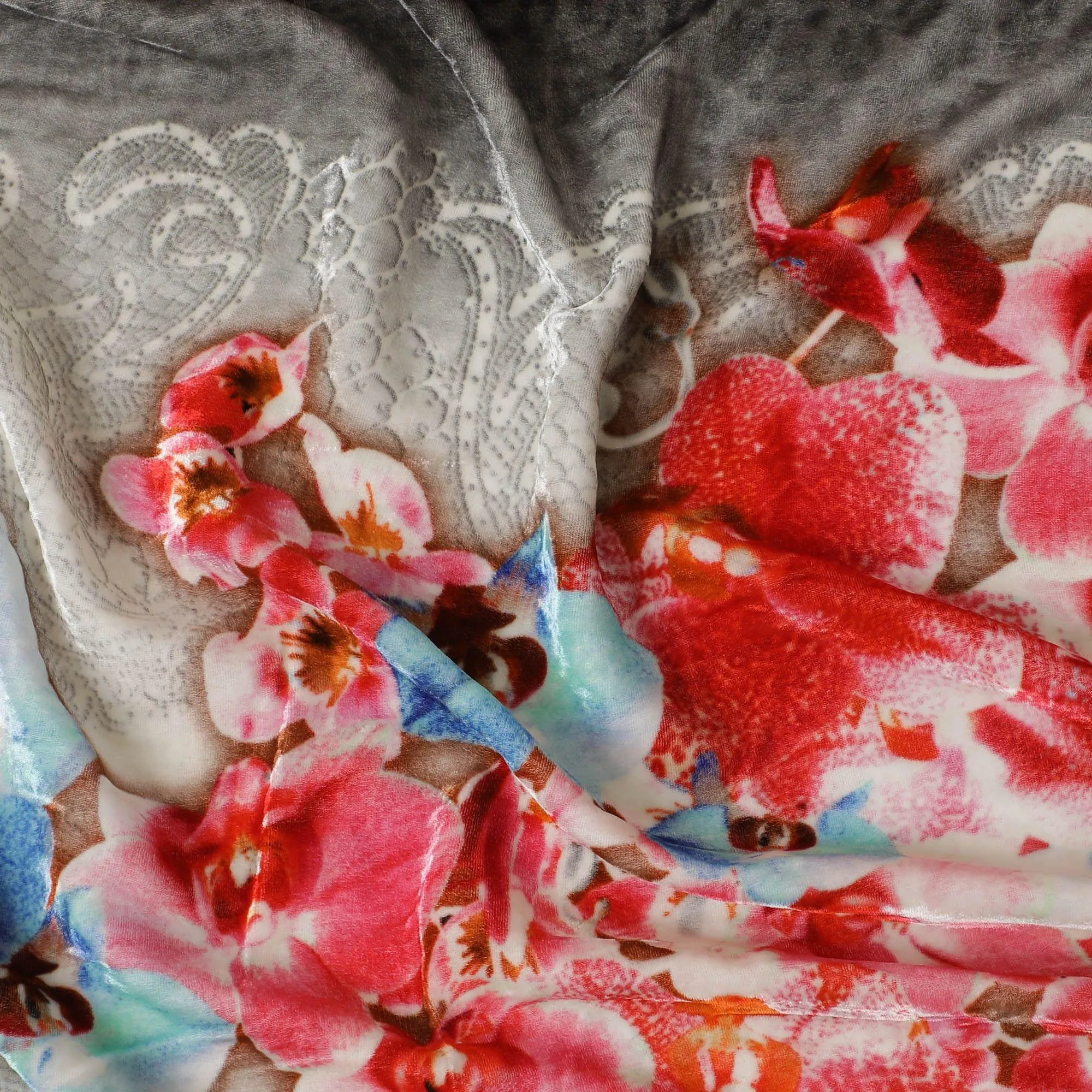 Cloud grey Italian silk velvet fabric with multicolor print in floral design-D11832