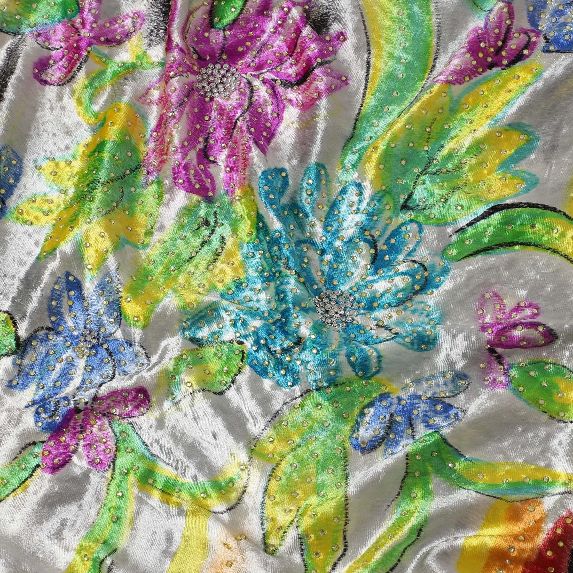 Cloudy Grey Rayon velvet fabric with multicolor stroke print having white and yellow stones in floral design