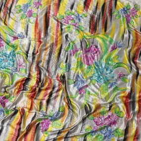 Cloudy Grey Rayon velvet fabric with multicolor stroke print having white and yellow stones in floral design