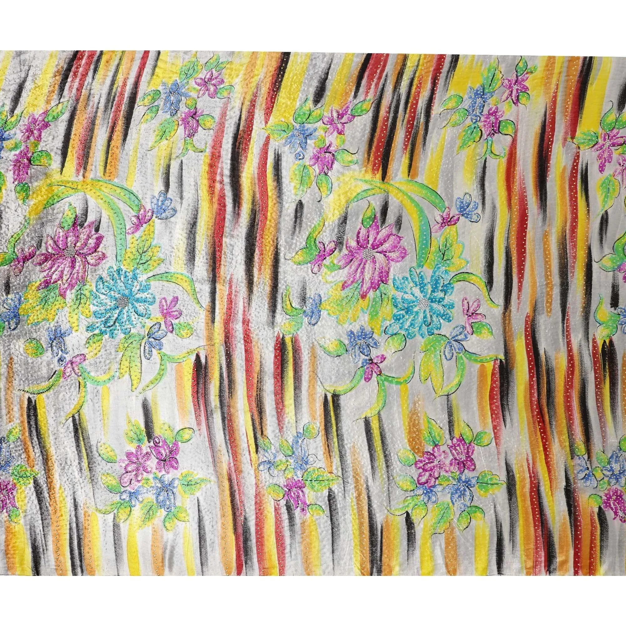 Cloudy Grey Rayon velvet fabric with multicolor stroke print having white and yellow stones in floral design