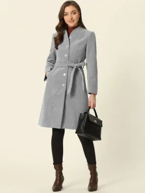 Collarless Single Breasted Outwear Tie Waist Elegant Winter Coats