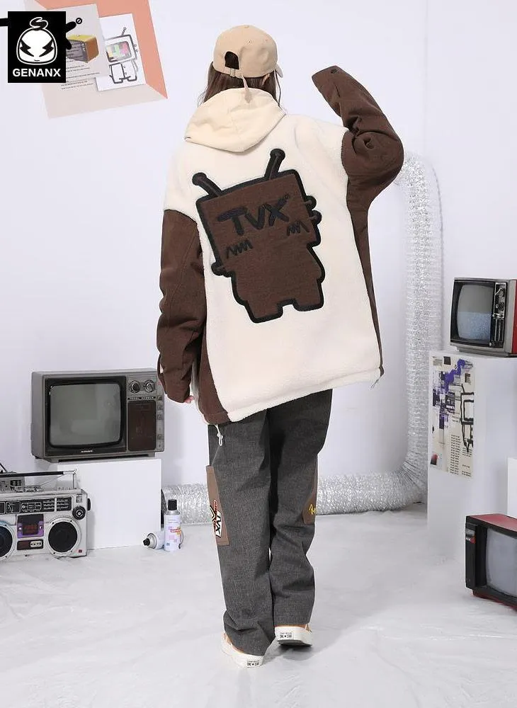 Color Block Cartoon Embroidery Fleece Jacket